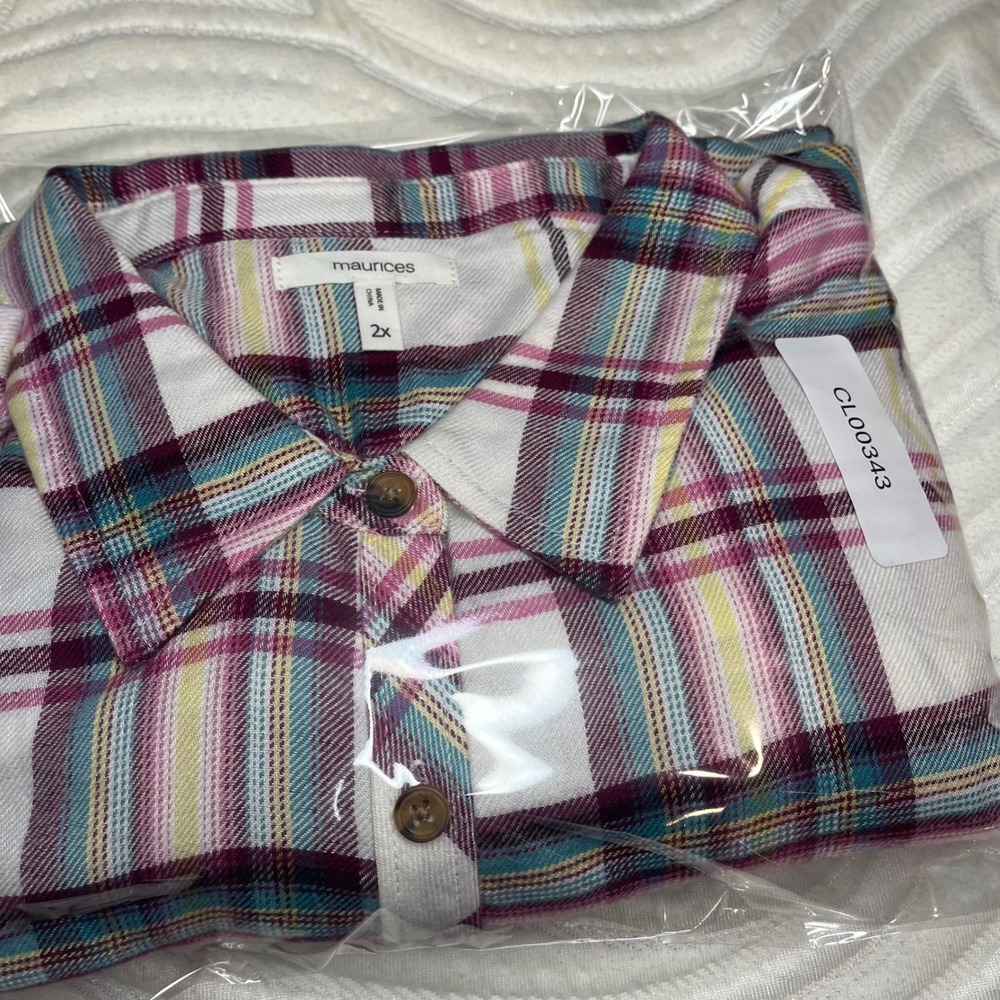 Maurices Womens 2X Soft Plaid Button Down Pink Teal Rayon Blend Long Sleeve - Picture 9 of 9
